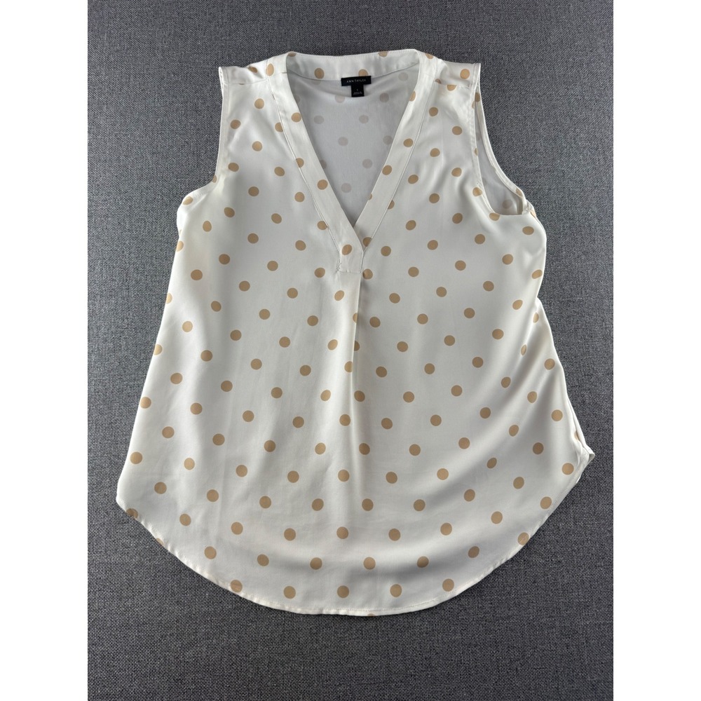 Ann Taylor‎ Womens Polka Dot Sleeveless V-Neck Blouse White Tan Small